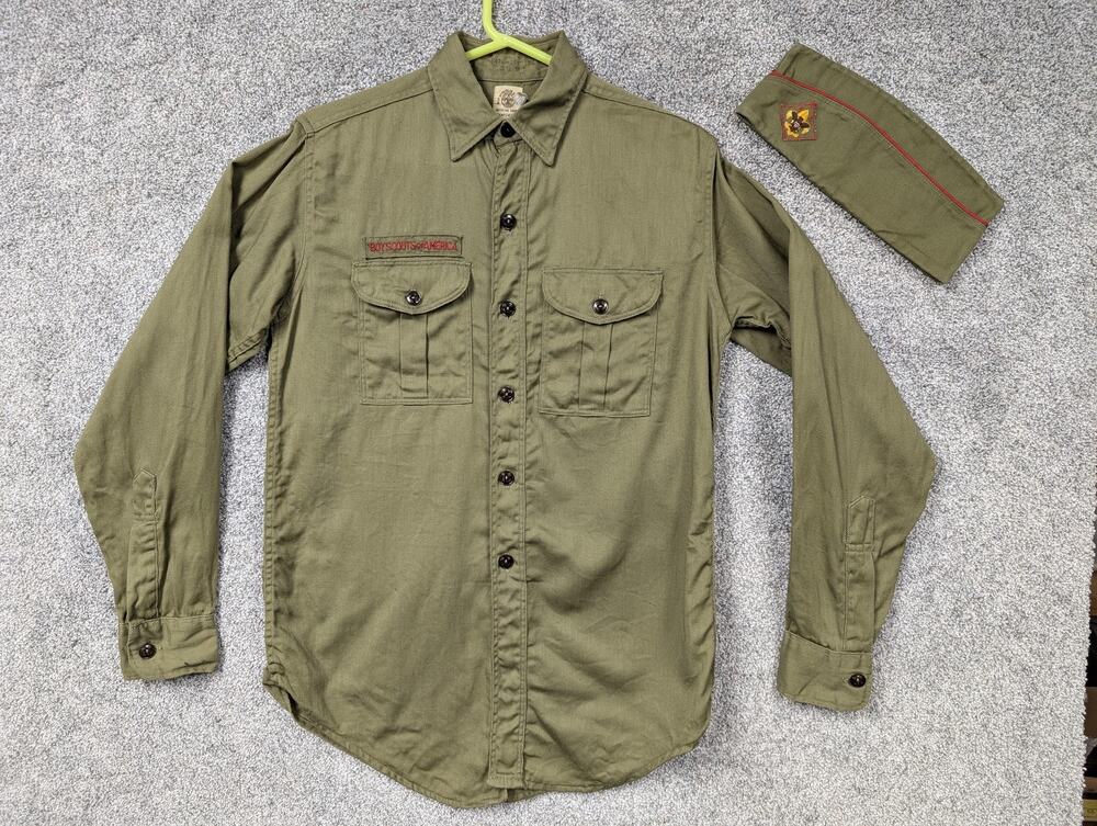 Vintage Boy Scouts Of America‎ Shirt Hat Set Boys 14 Green Scout Uniform Twill